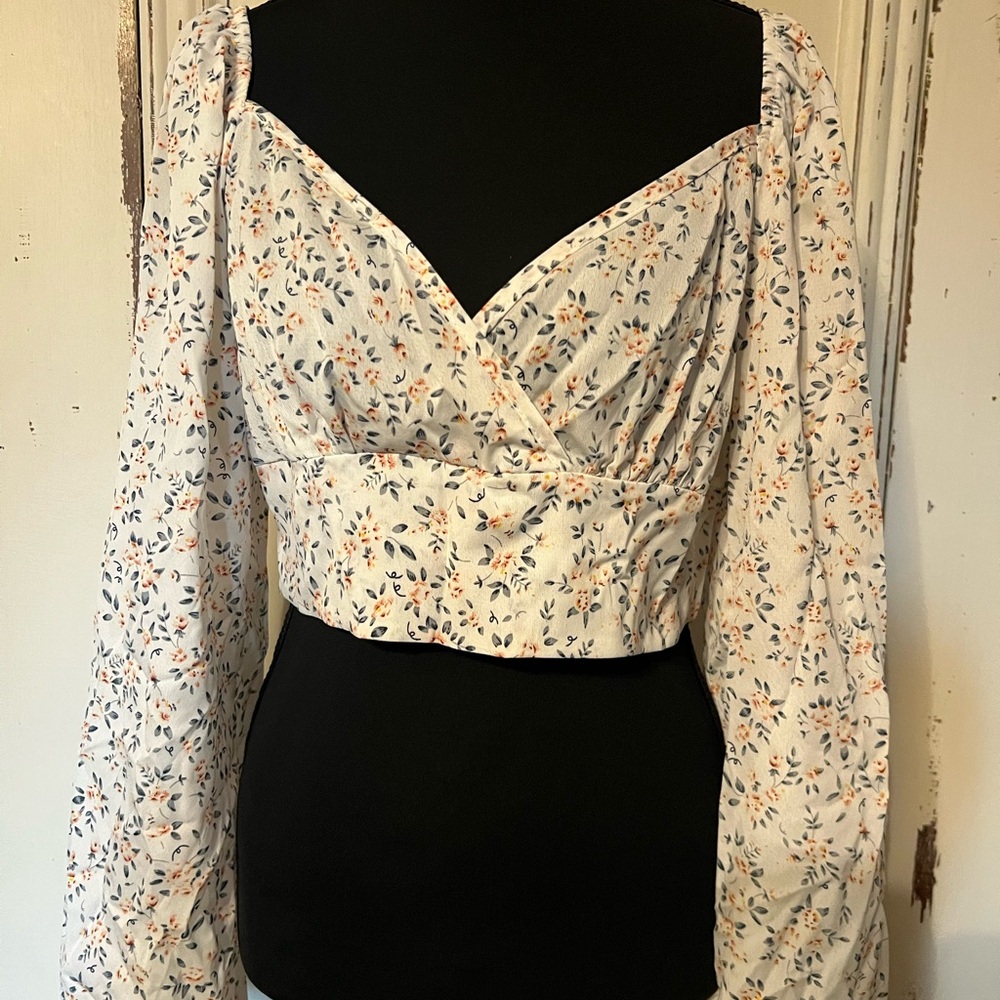Cream Wrap Crop Top with Fitted Blouse Sleeves